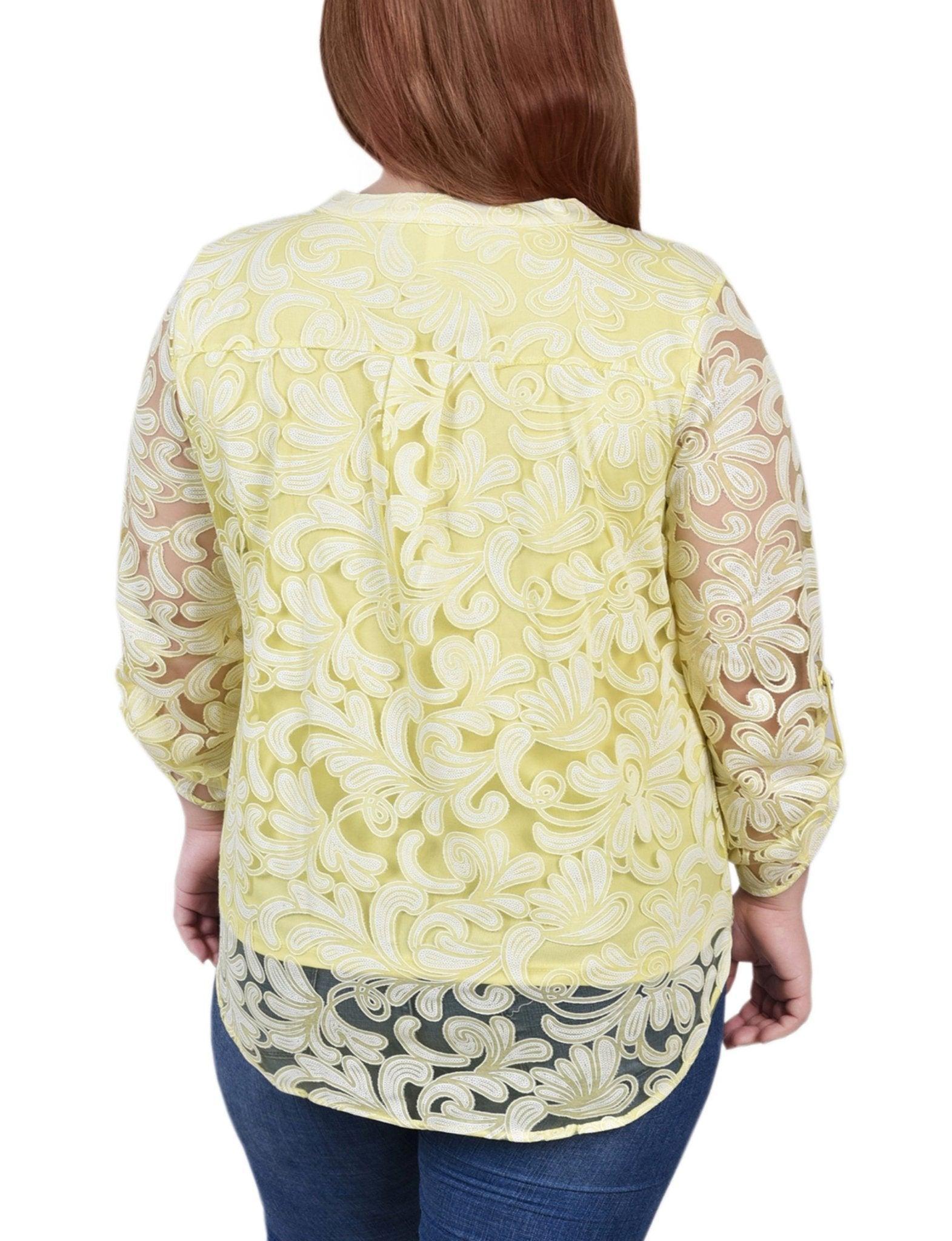 Yellow Scrolleaf Long Sleeve Burnout Y Neck Blouse - Plus Product Image