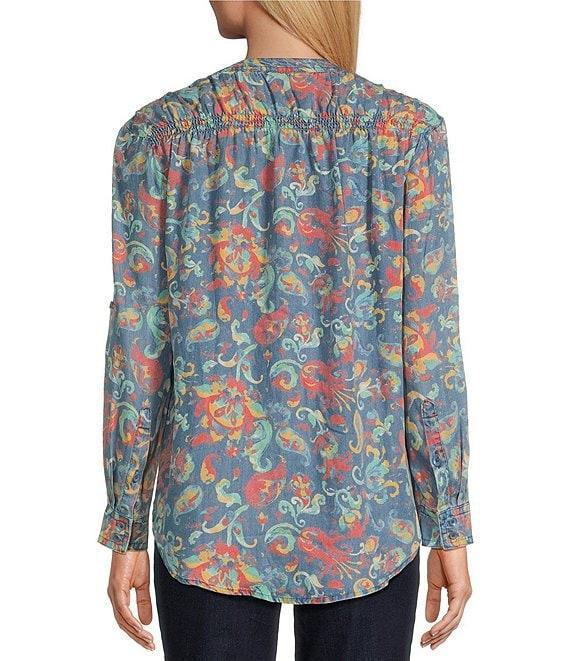 Intro Petite Size Lyocell Slub Y-Neck Long Roll-Tab Sleeve Shirttail Hem Blouse Product Image