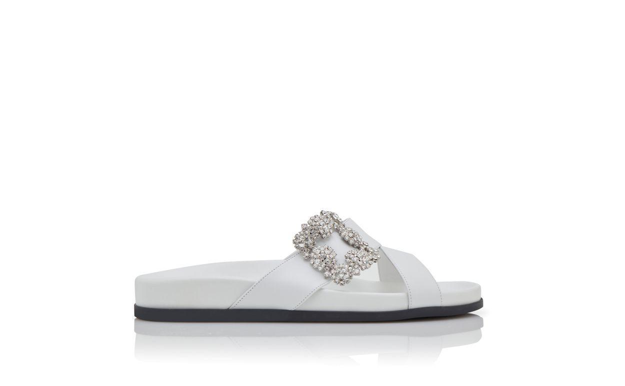 CHILANGHI White Calf Leather Jewel Buckle Flat Mules Product Image