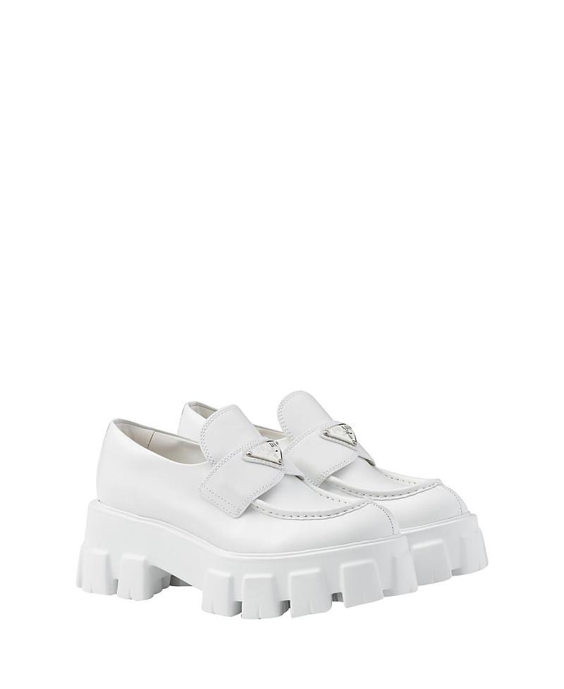 Prada Womens Brushed Leather Monolith Loafers Product Image