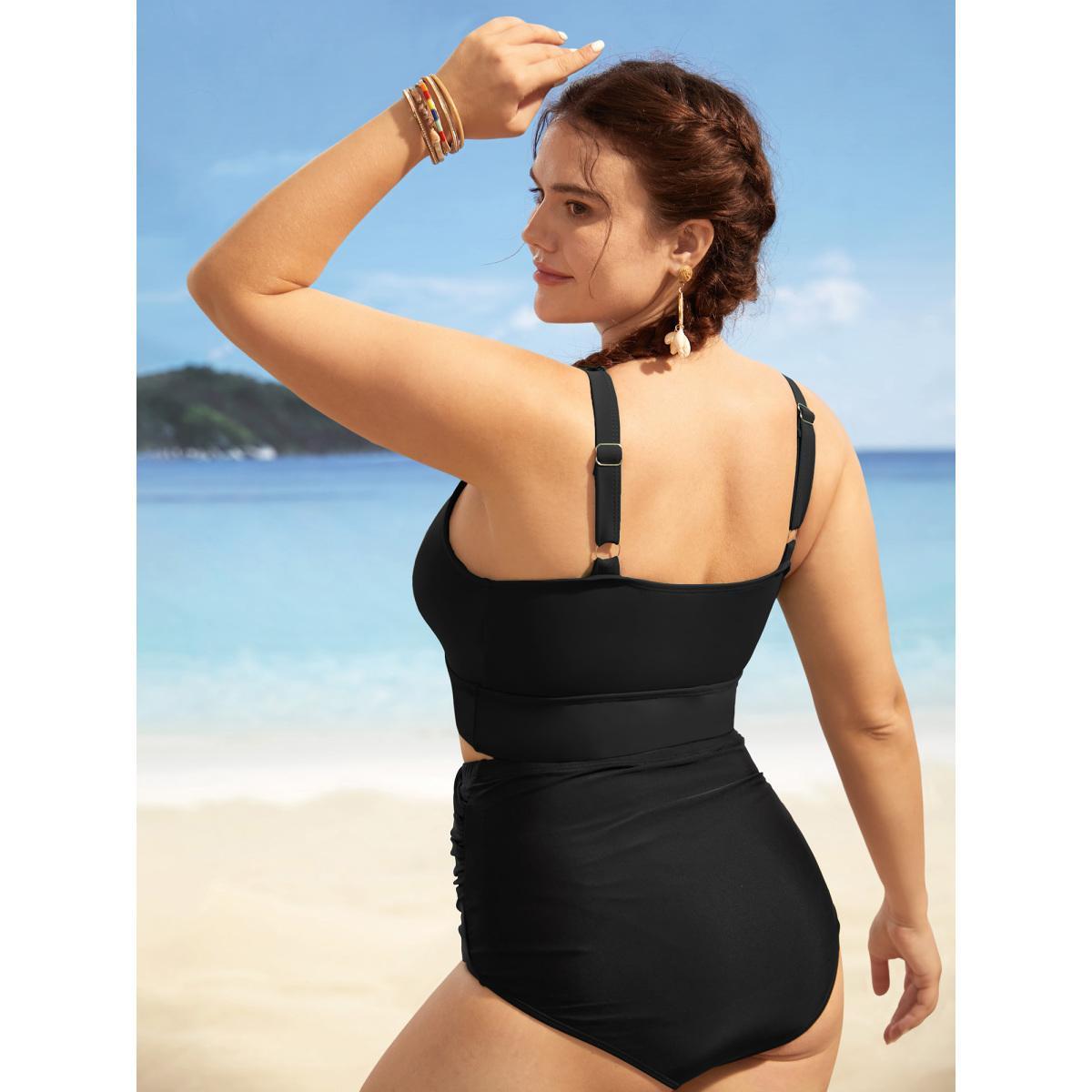 Plus Size Solid Ruffle Surplice Neck Trim Swim Top Women's Swimwear Black Beach Ruffles High stretch Skinny Overlap Collar Curve Swim Tops BloomChic 12/L Product Image