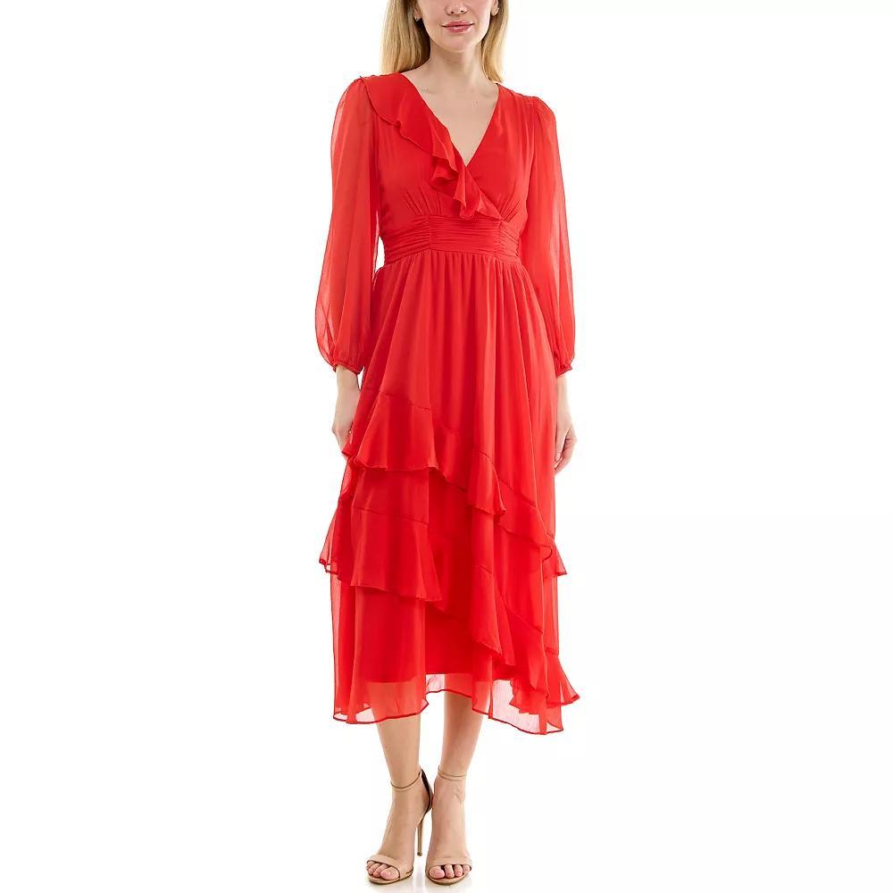 Women's Maison Tara Ruffle Neckline Cumberbund Waist Ruffle Tiered Skirt Maxi Dress, Size: 8 Product Image