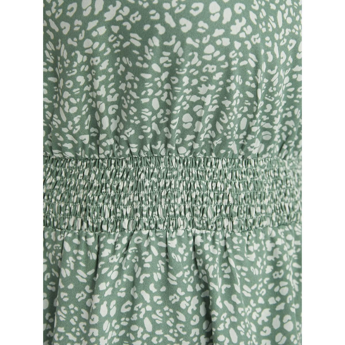 Plus Size Leopard Print Lantern Sleeve Shirred Pocket Flutter Knee Dress Green Women Elegant Elastic Waist Round Neck Long Sleeve Curvy Knee Dress BloomChic 18-20/2X Product Image