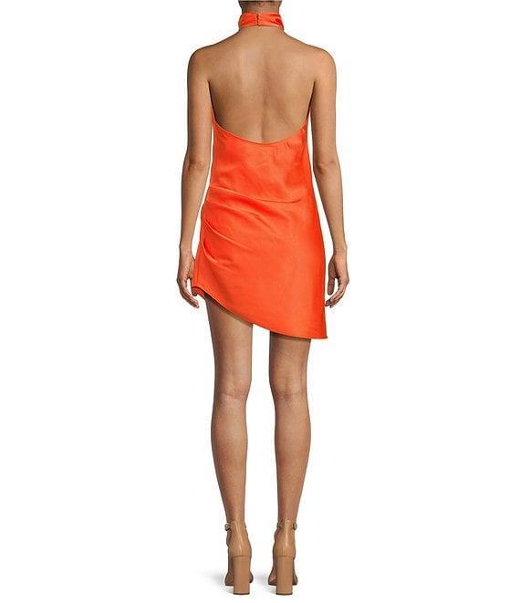 Gianni Bini Peyton Ruched Satin Cowl Halter Neck Sleeveless Open Back Detail Asymmetrical Hem Mini Sheath Dress Product Image