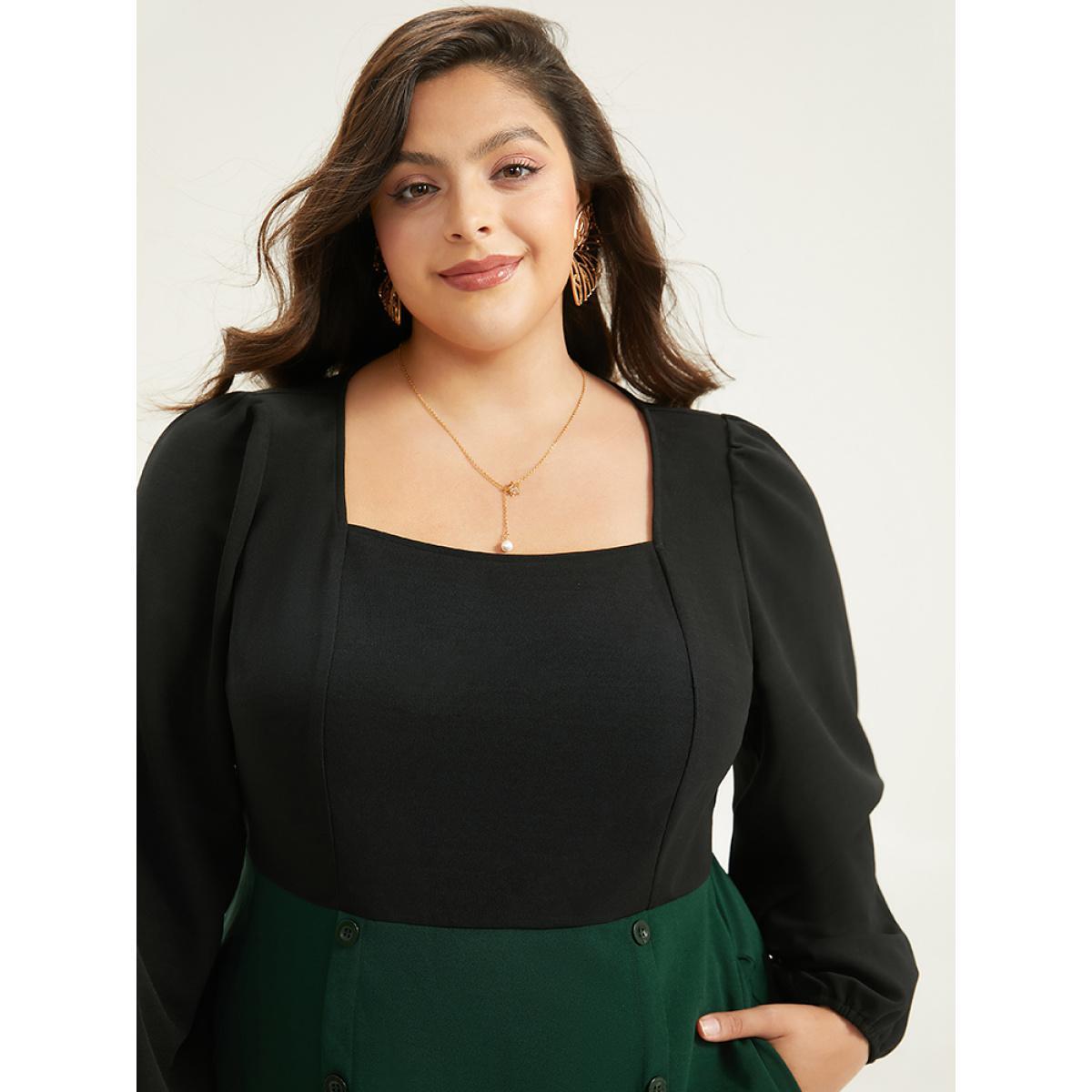 Plus Size Colorblock Patchwork Button Detail Dress DarkGreen Women Elegant Elastic cuffs Square Neck Long Sleeve Curvy Midi Dress BloomChic 18-20/2X Product Image