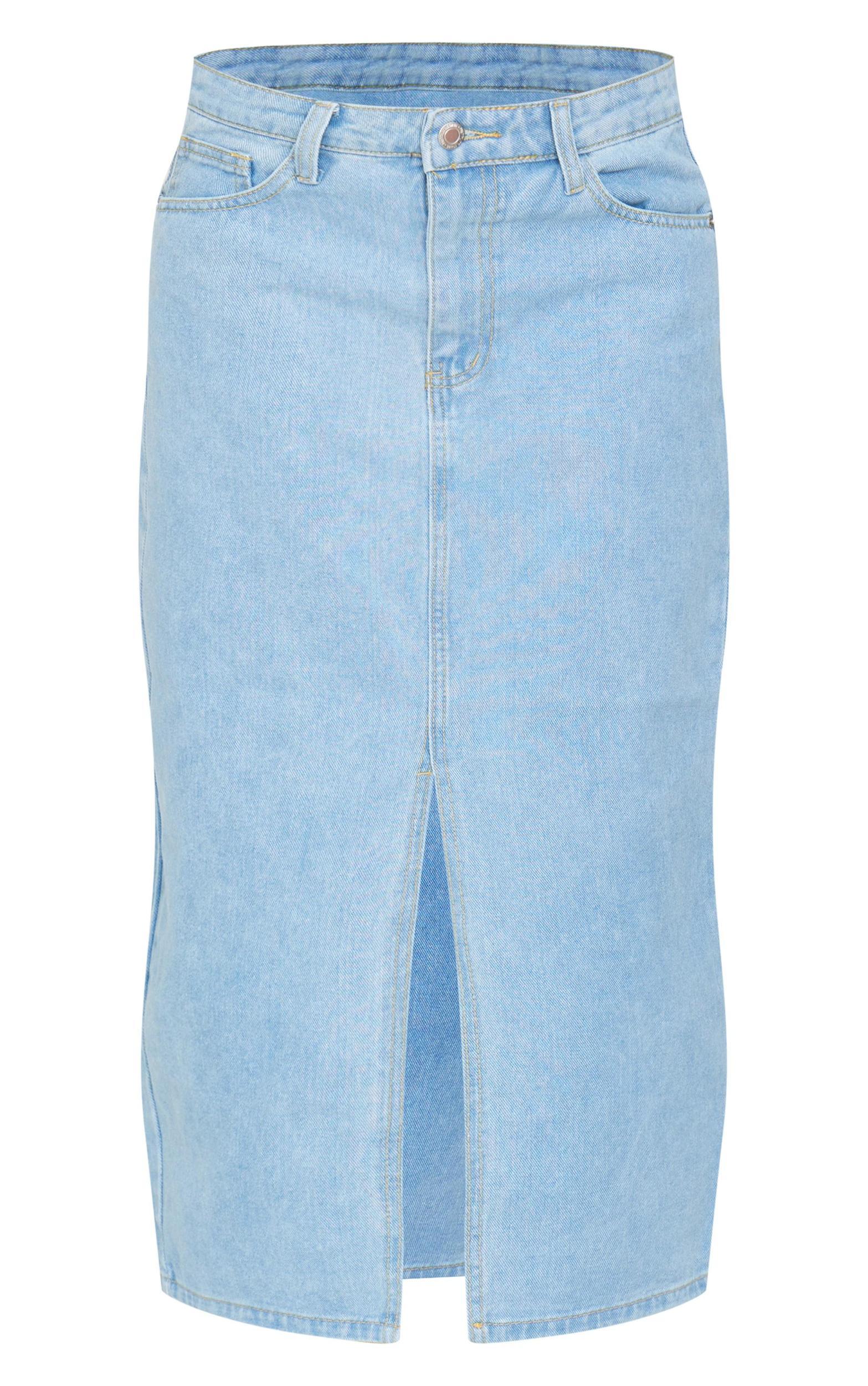 Light Blue Wash Split Front Mid Rise Denim Midi Skirt Product Image