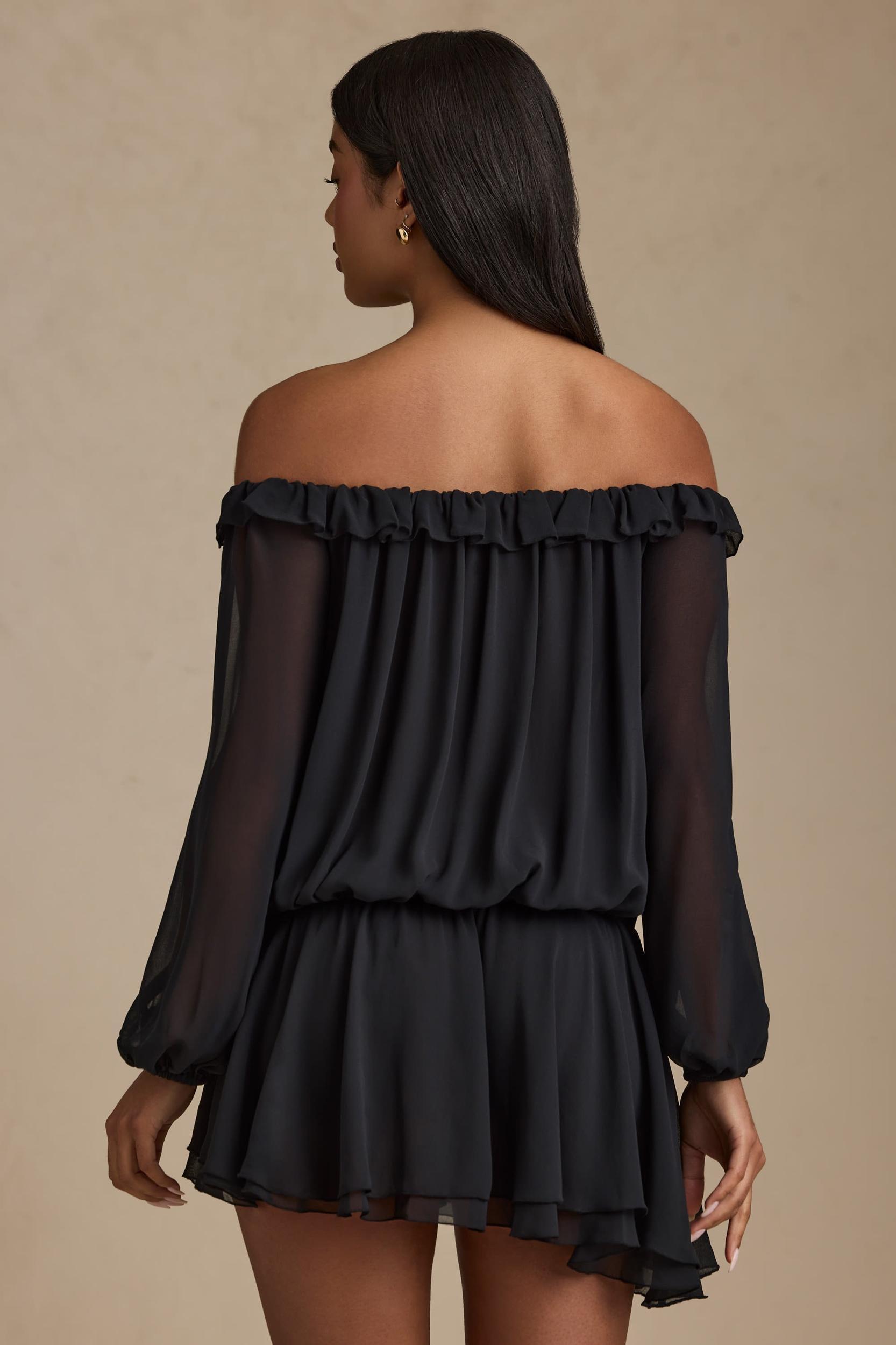 Off-Shoulder Asymmetric Balloon-Sleeve Mini Dress in Black Product Image