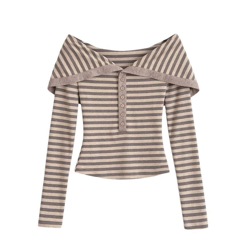 Long Sleeve Off Shoulder Henley Striped Tee Product Image