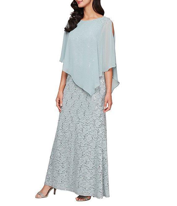 Ignite Evenings Short Sleeve Boat Neck Beaded Sequin Floral Lace Capelet Gown Product Image