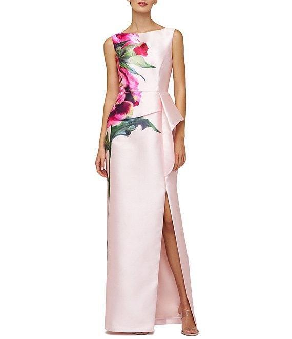 Kay Unger Eden Boat Neck Sleeveless Floral Placement Print Ruffle Peplum Mikado Column Gown Product Image