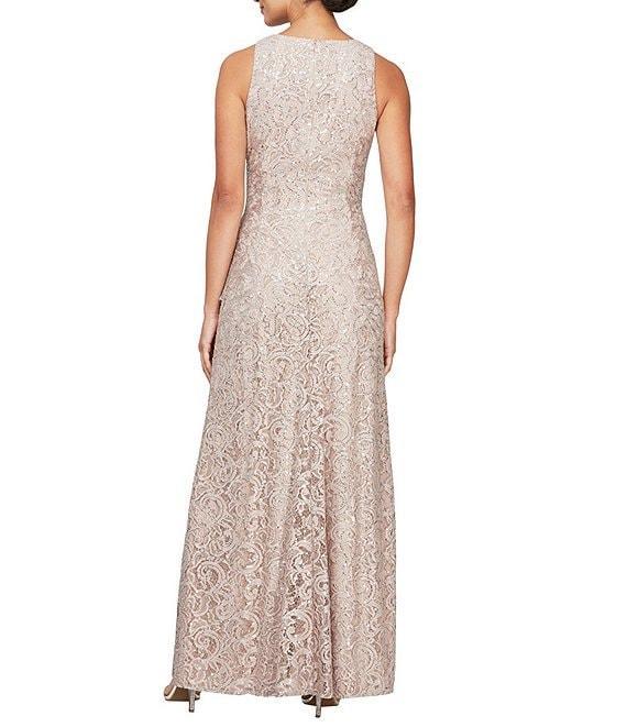 Alex Evenings Crew Neck Sleeveless Cascade Ruffle Thigh High Slit Sequin Lace Stretch Gown Product Image