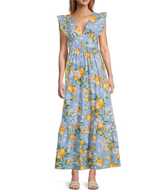 Skies Are Blue Lemon Print V-Neck Cap Sleeve Tie Back Ruffled Maxi Dress Product Image