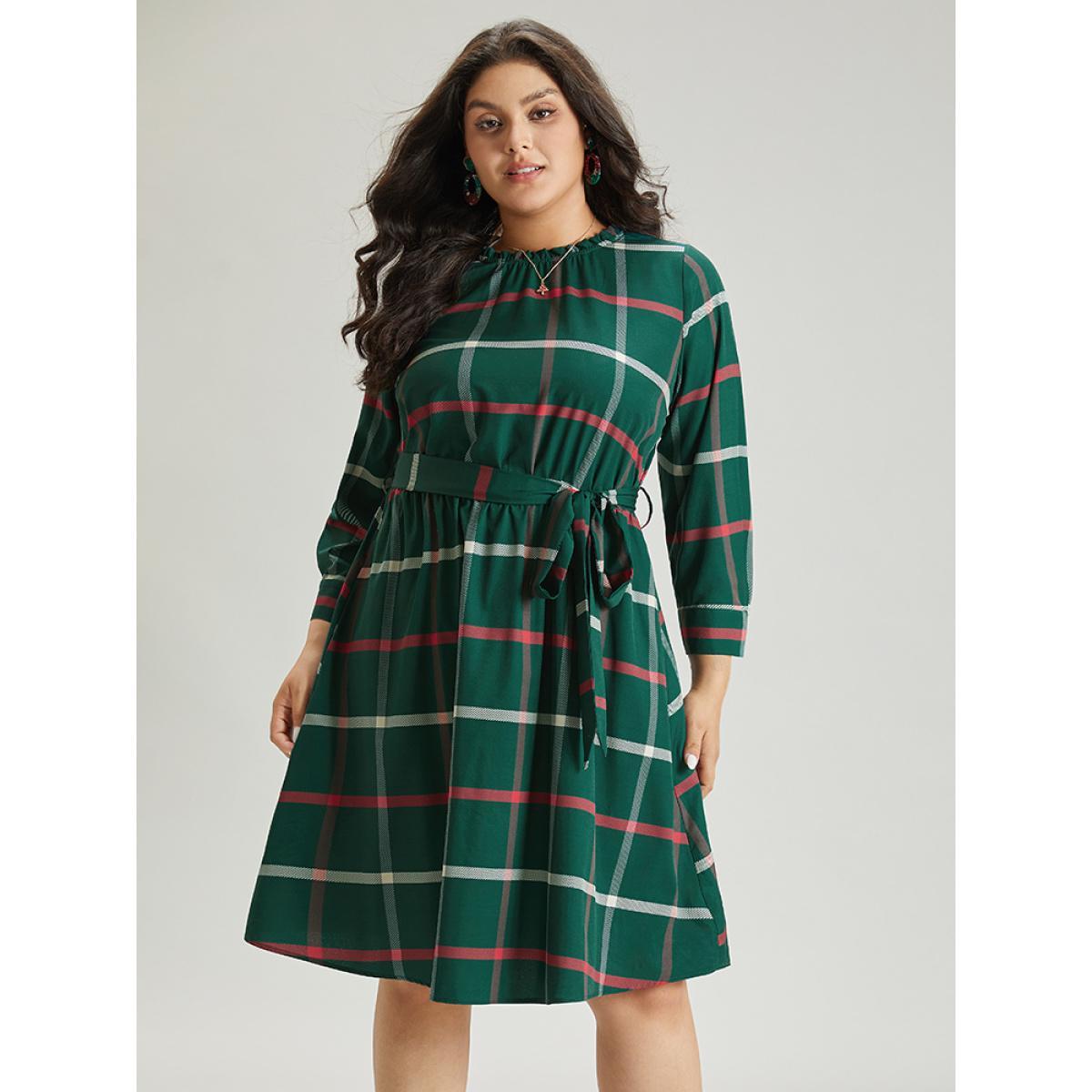 Plus Size Plaid Stand Collar Gathered Belted Dress Multicolor Women Office Printed Stand-up collar Elbow-length sleeve Curvy Midi Dress BloomChic 12/L Product Image