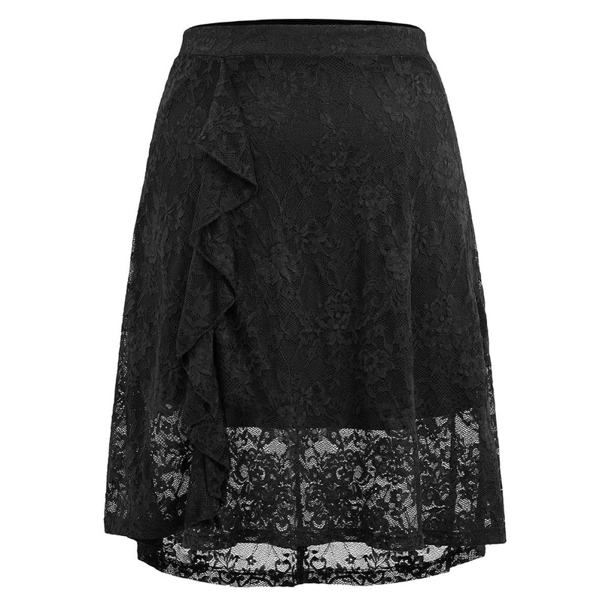 Plus Size Guipure Lace Elastic Waist Asymmetrical Ruffles Skirt Women Black At the Office Lined No stretch Work Skirts BloomChic 12/L Product Image