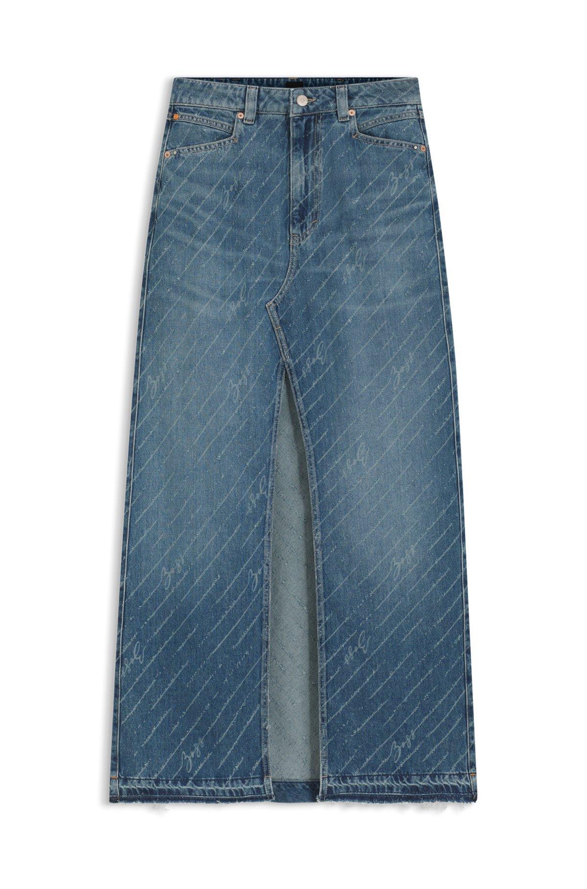 Denim skirt with logo pinstripe pattern and front slit Product Image