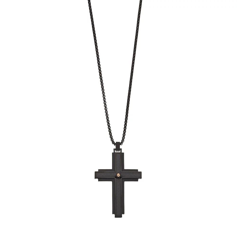 LYNX Men's Black Stainless Steel & Carbon Fiber Cross Pendant Necklace, Size: 24" Product Image