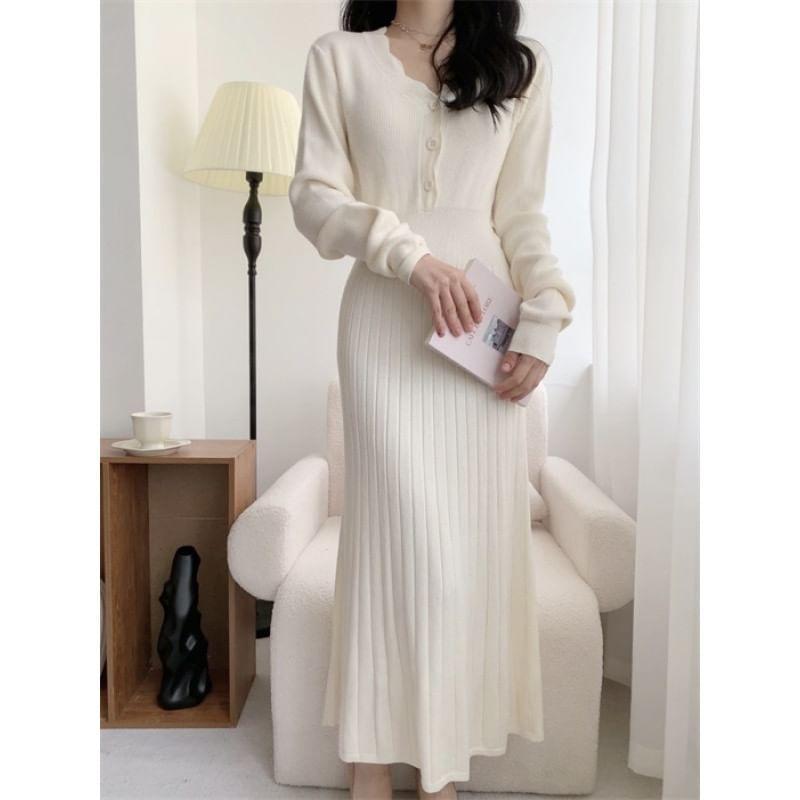 Long-Sleeve Henley Plain Midi A-Line Knit Dress Product Image