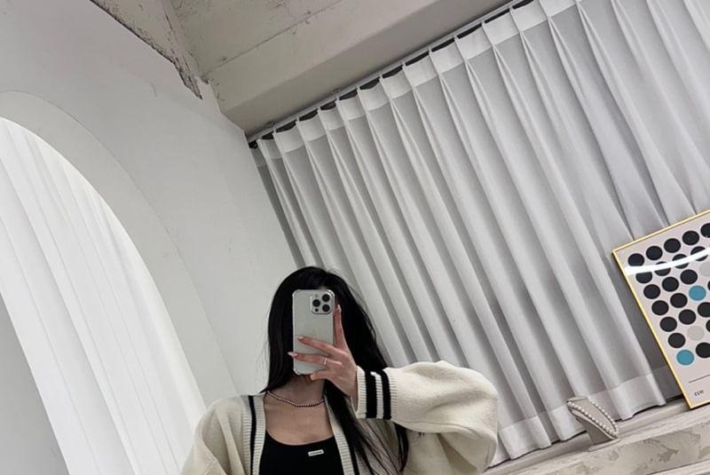 Set: V-Neck Contrast Trim Zip-Up Cardigan + High Waist Knit Shorts Product Image