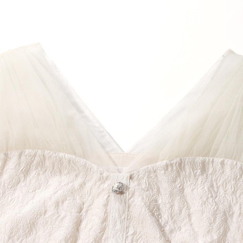 White Mesh Half-Sleeve V-Neck Jacquard Midi Dress Product Image