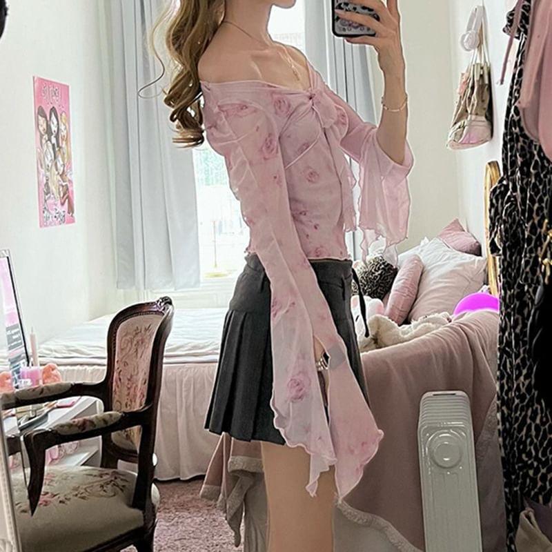 Bell Sleeve Mock Two Piece V-Neck Floral Print Tie-Front Mesh Crop Top Product Image