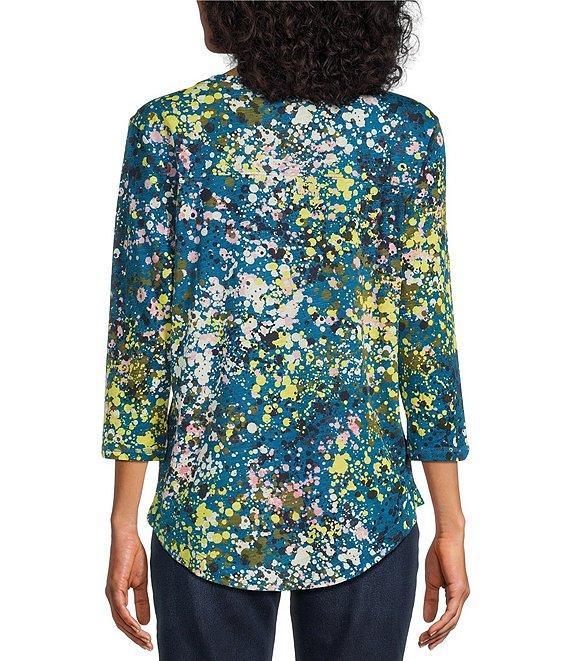 Westbound Petite Size Beryl Green Paint Drops 3/4 Sleeve Crew Neck Knit Top Product Image
