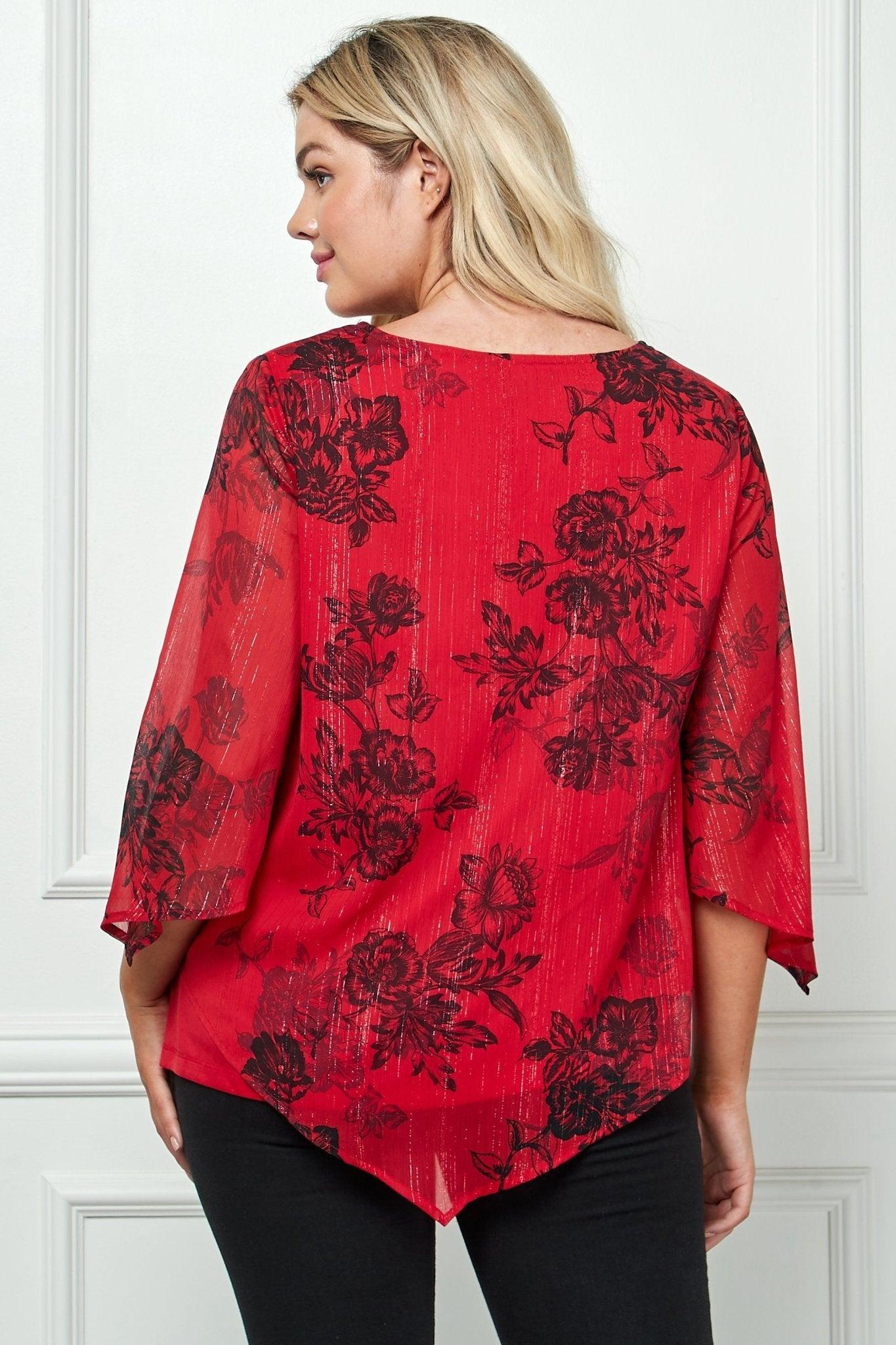 3/4 Sleeve Hanky Hem V-Neck Blouse- Plus Product Image