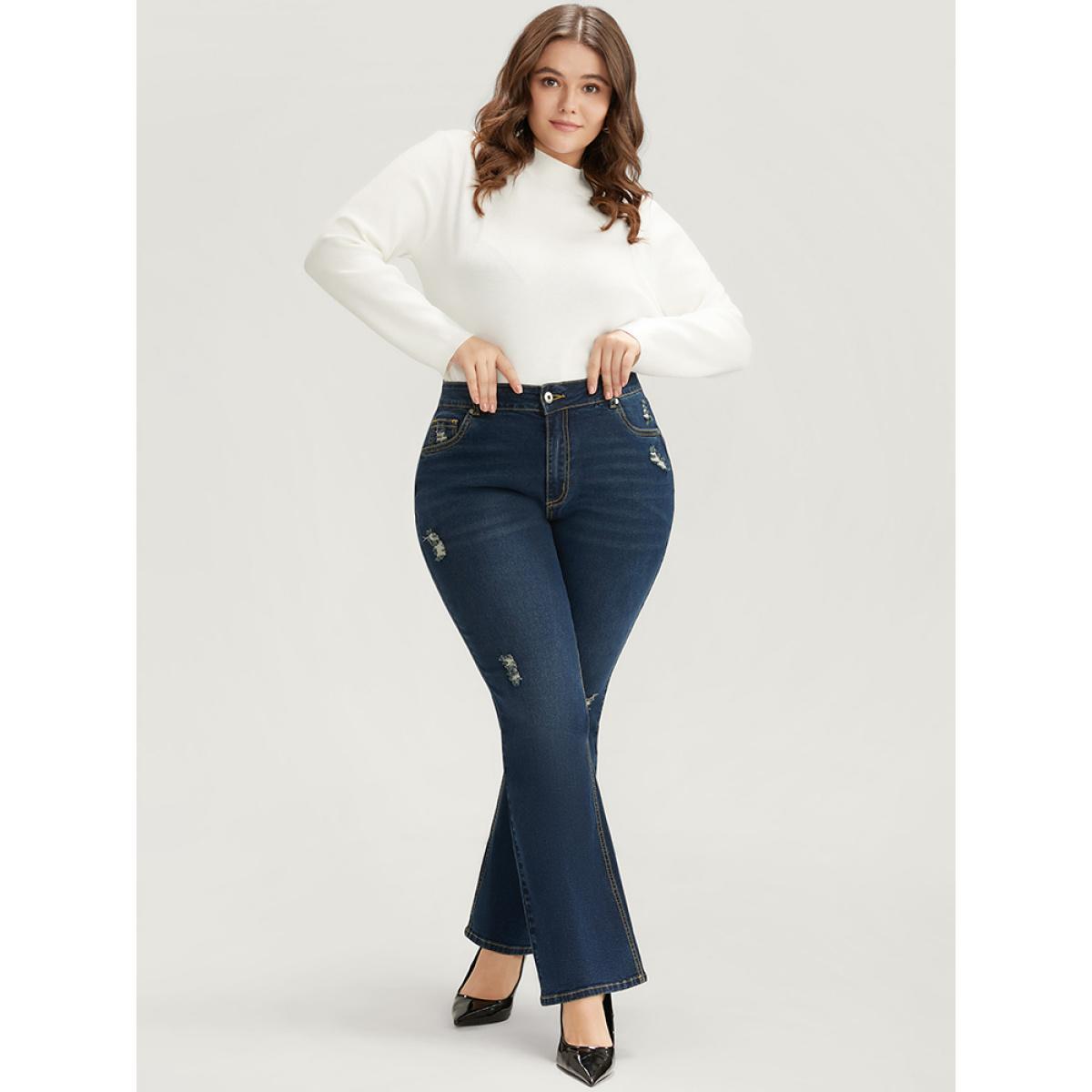 Plus Size Bootcut Slightly Stretchy High Rise Dark Wash Distressed Jeans Women DarkBlue Casual Plain Plain Low stretch Pocket Jeans BloomChic 24/3X Product Image