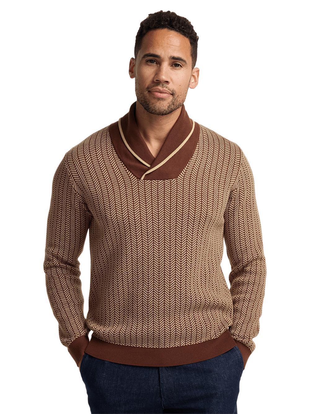 Cotton Shawl Collar Sweater - Ivory/brown Product Image
