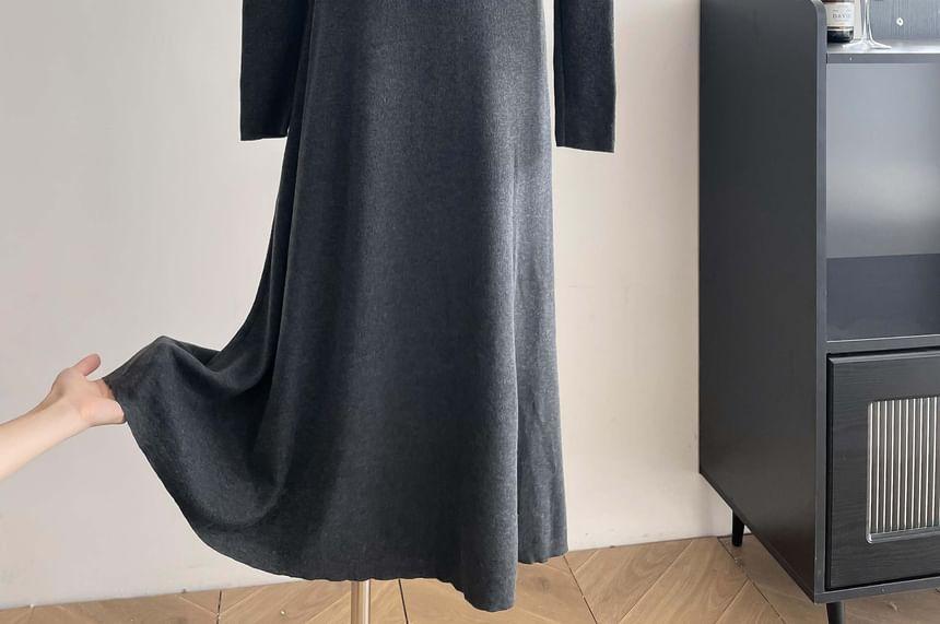 Set: V-Neck Plain Sweater + Scarf + High Rise Midi A-Line Skirt Product Image