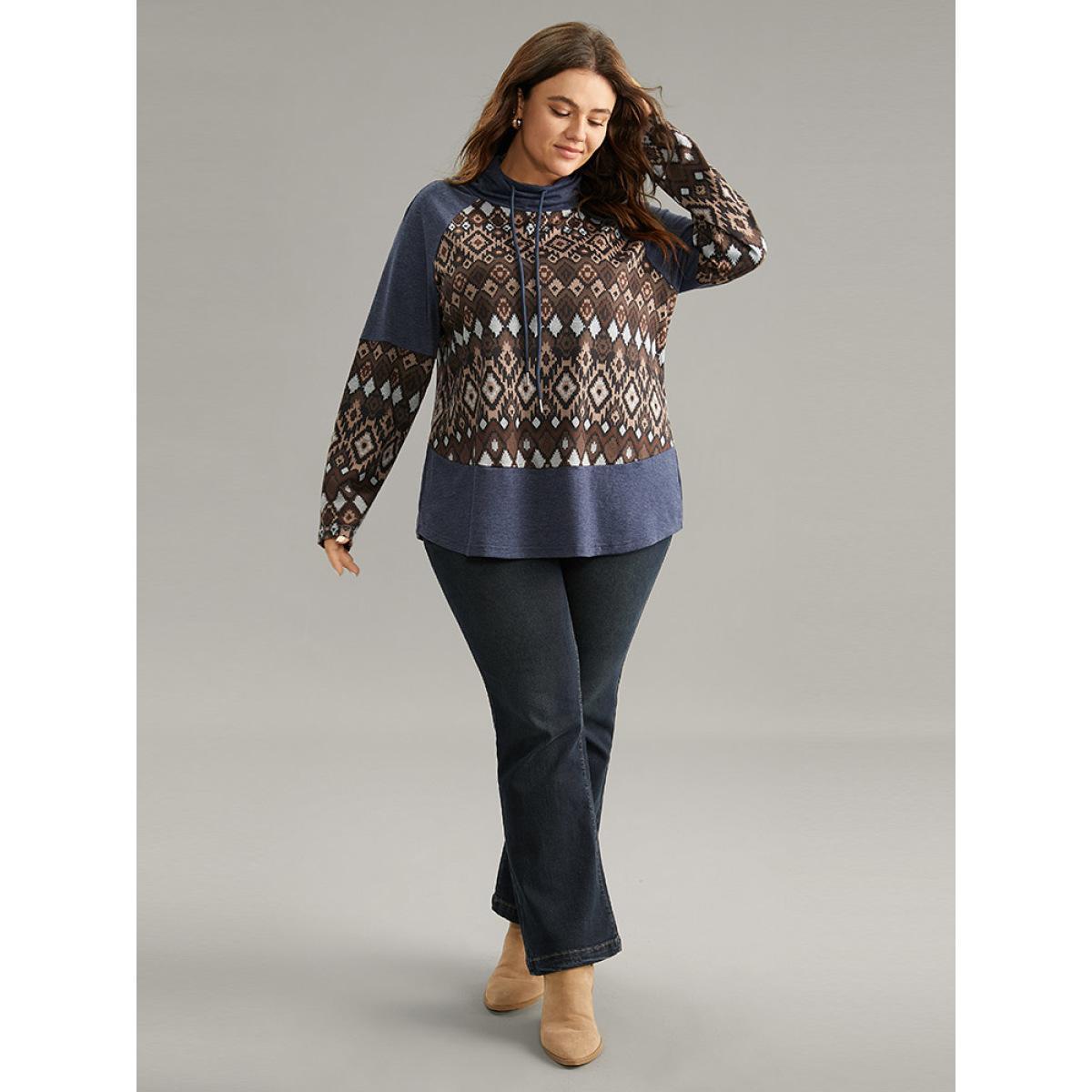 Plus Size Bandana Patchwork Mock Neck Raglan Sleeve Sweatshirt Women Indigo Casual Contrast Mock Neck Dailywear Sweatshirts BloomChic 22-24/3X Product Image