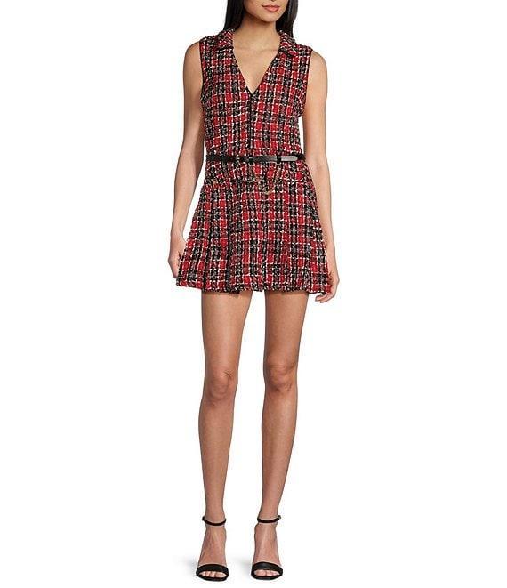 City Vibe Sleeveless Collar Neck Pleated Skirt Plaid Dress Product Image