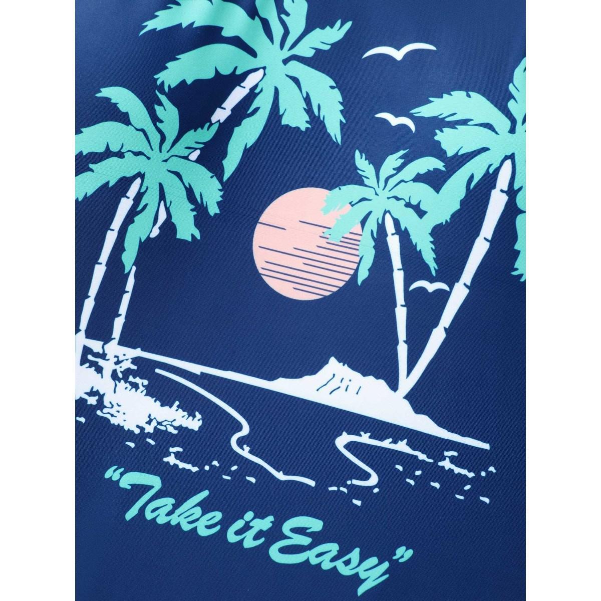 Plus Size Island Print Non-Removable Cups Swim Top Women's Swimwear Cerulean Beach High stretch Bodycon U-neck Curve Swim Tops BloomChic 28/5X Product Image