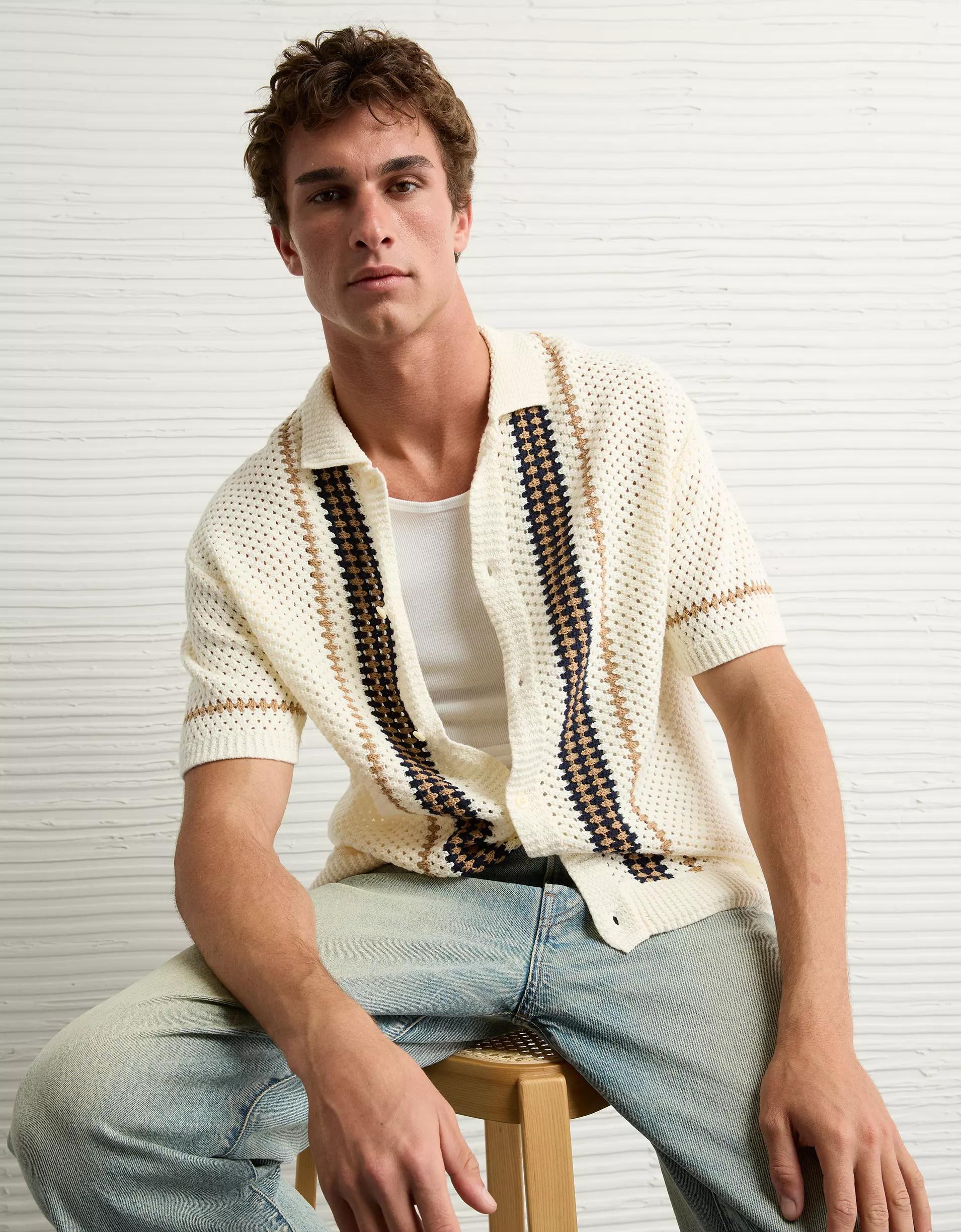 AE Weekend Crochet Button-Up Sweater Polo Shirt Product Image