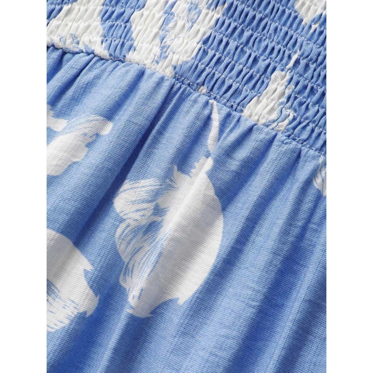 Plus Size Square Neck Silhouette Floral Print Shirred Dress LightBlue Women Elegant Shirred Square Neck Short sleeve Curvy BloomChic 28/5X Product Image