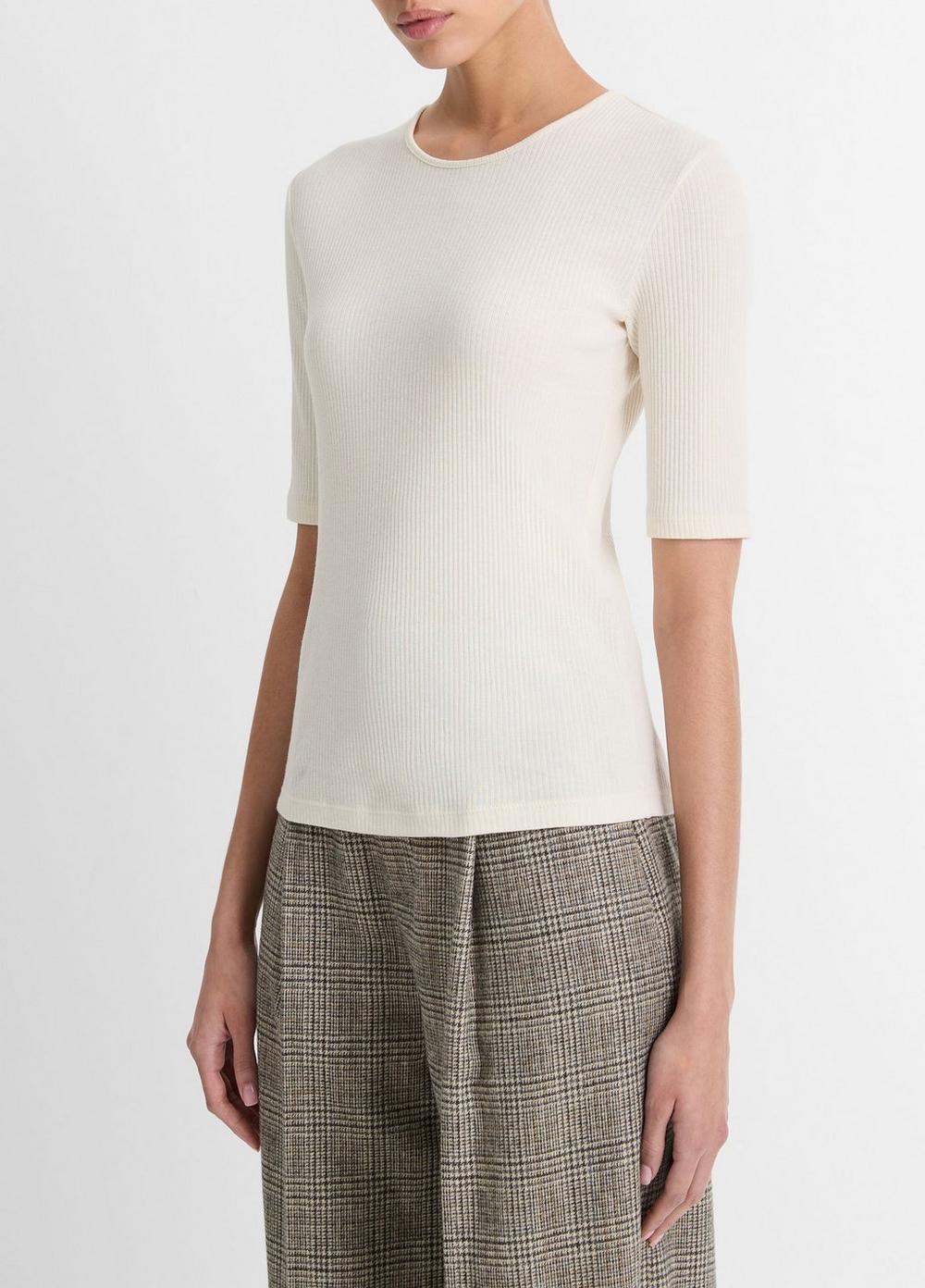 Womens Ribbed Cotton Elbow-Sleeve T-Shirt, Laurel, Size S Vince Product Image