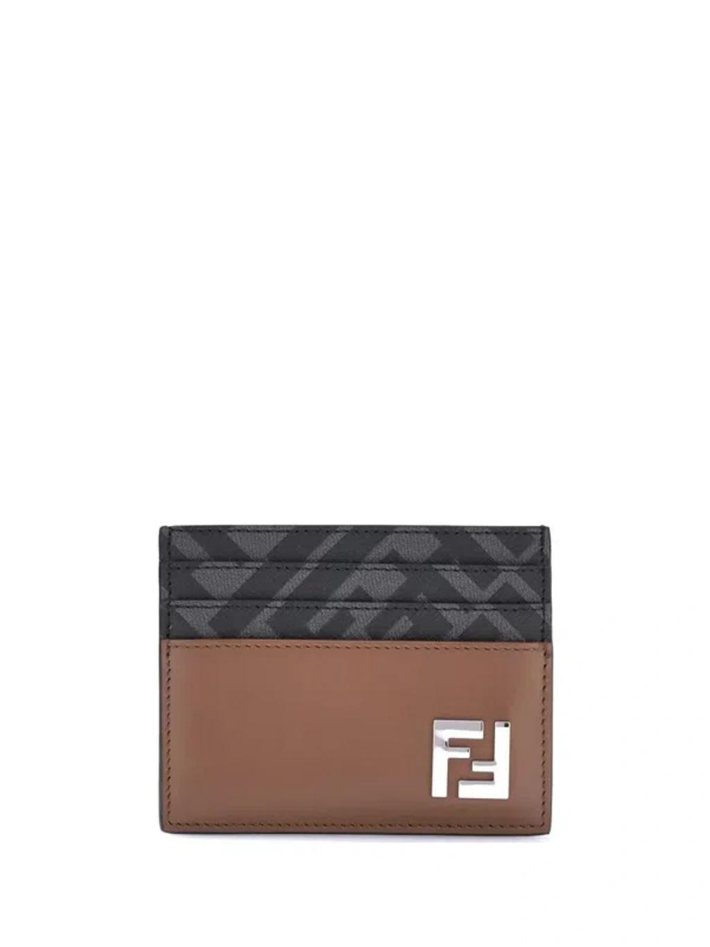 FENDI Leather And Ff Canvas Squared Card Holder In Brown Product Image