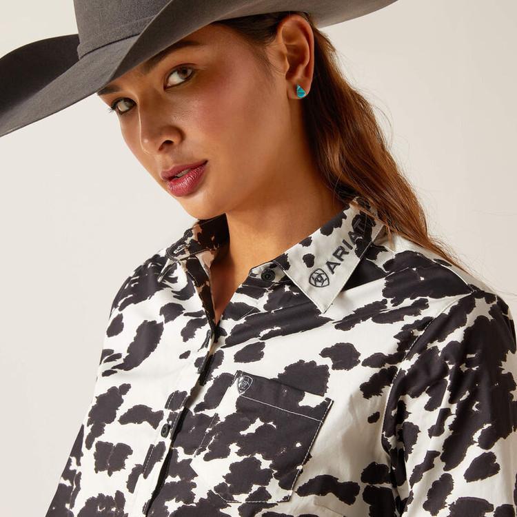 SALE Ariat® Ladies' L/S Wrinkle Resist Team Kirby Stretch Cow Print Button Shirt Product Image