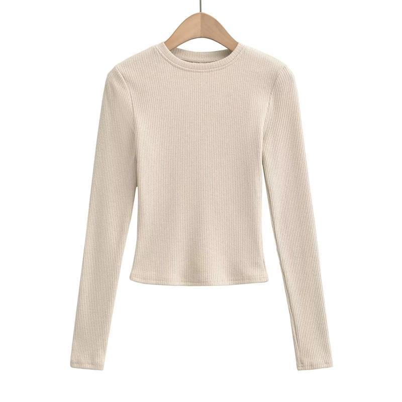 Long Sleeve Crew Neck Plain Ribbed Tee Product Image