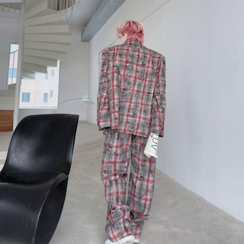 Set: Lapel Collar Plaid Double Breasted Blazer + Mid Rise Wide Leg Pants Product Image