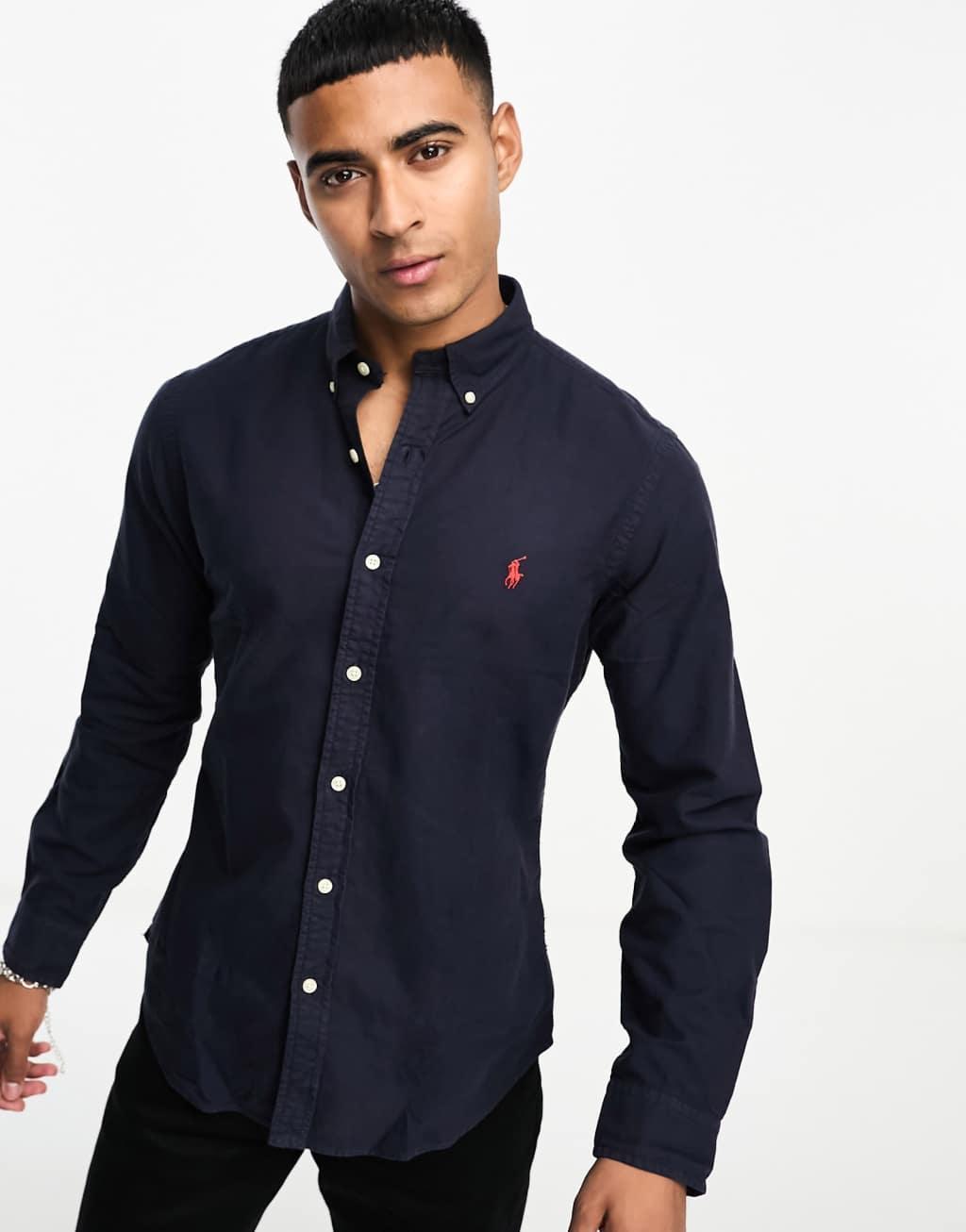 Polo Ralph Lauren icon logo slim fit garment dyed oxford shirt in navy Product Image