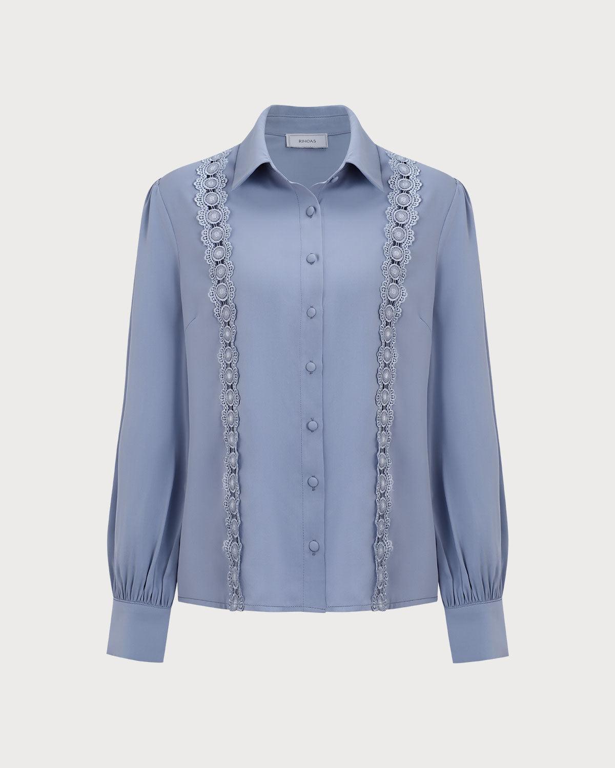 Women's Blue Lace Trim Shirt Female Product Image