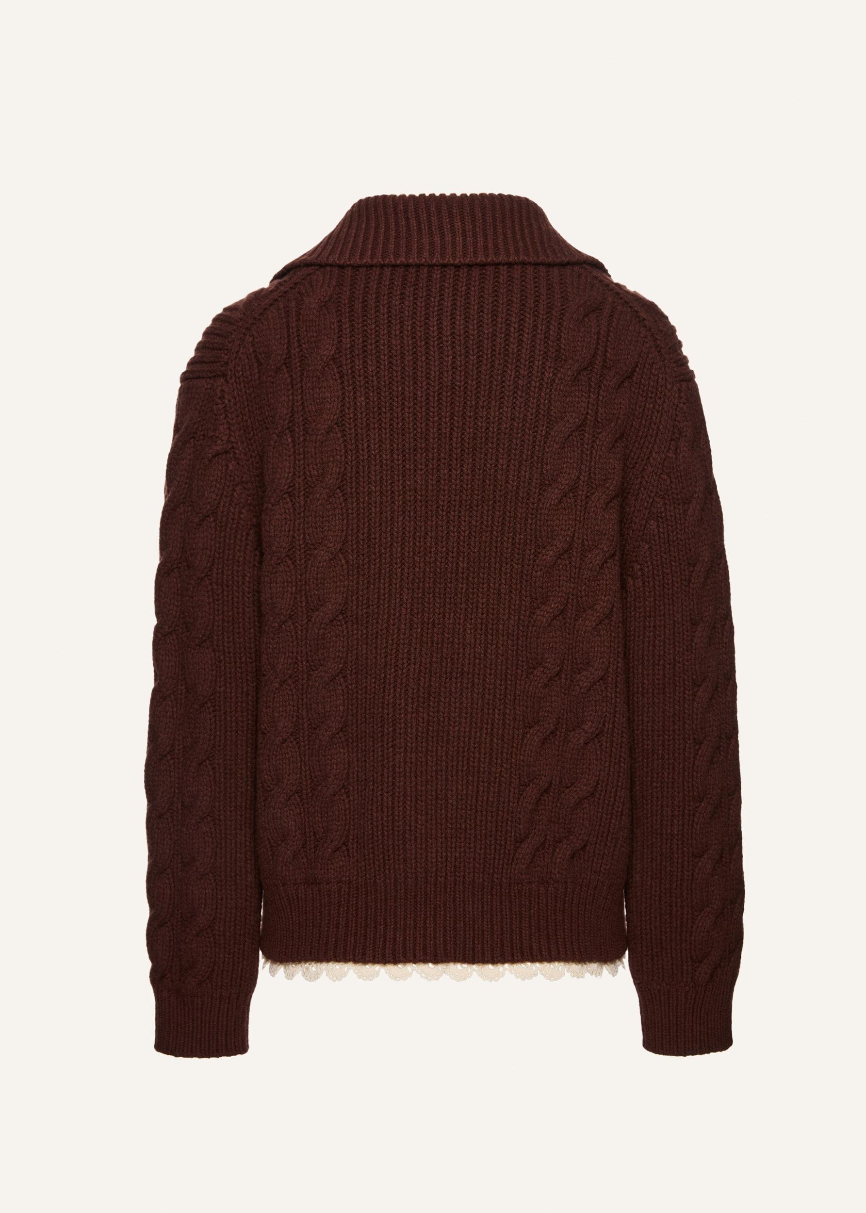 Lace-detail cable knit cardigan jacket in brown Product Image