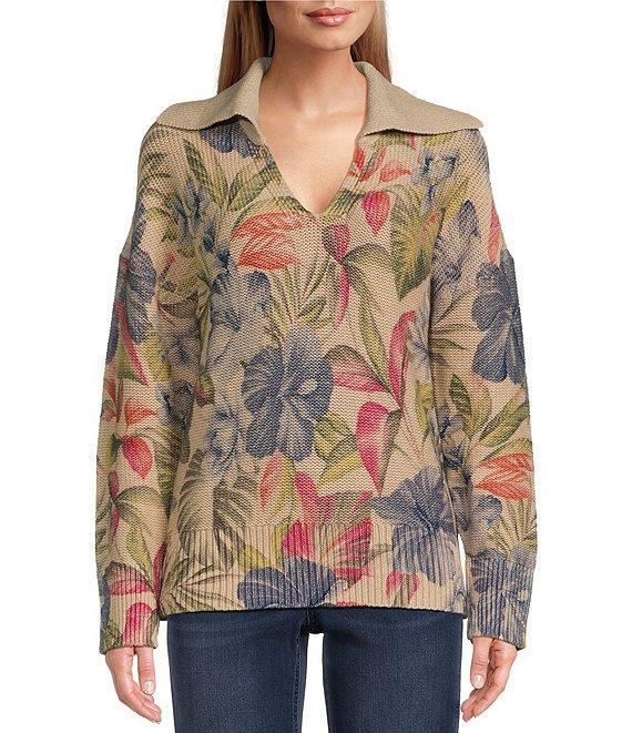 Tommy Bahama La Botanica Knit Tropical Print Johnny Collar Long Sleeve Sweater Product Image