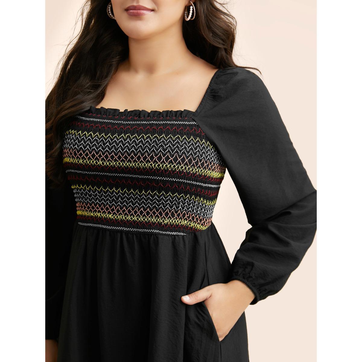 Plus Size Colored Striped Shirred Frill Trim Dress Black Women Elegant Topstitching Square Neck Long Sleeve Curvy BloomChic 10/M Product Image