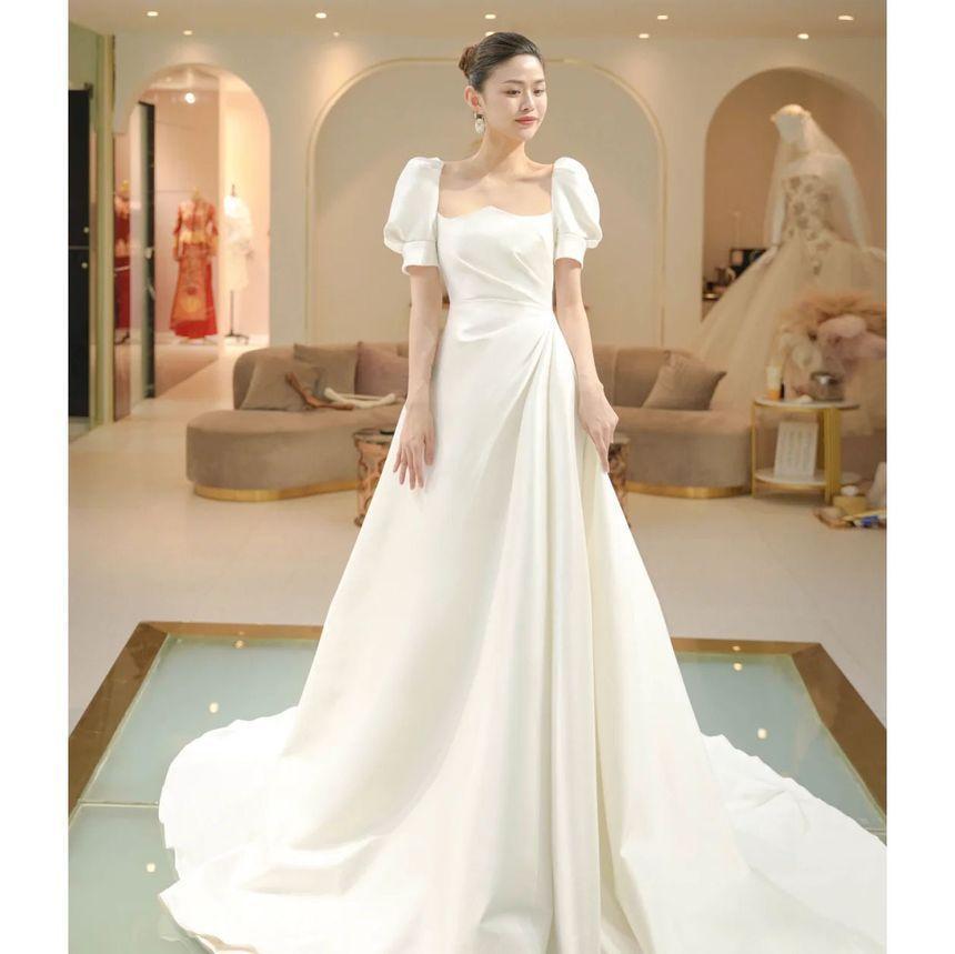 Puff Sleeve Square Neck Plain Ruched Satin A-Line Wedding Gown Product Image