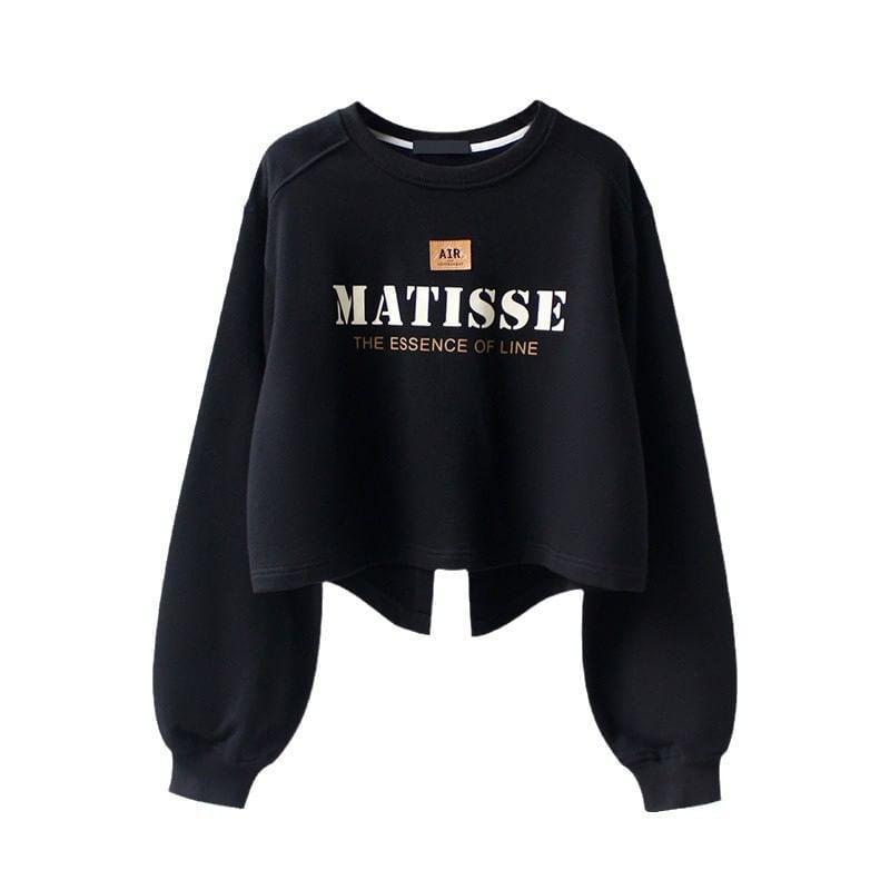 Raglan-Sleeve Crew Neck Lettering Asymmetrical Cropped Sweatshirt Product Image