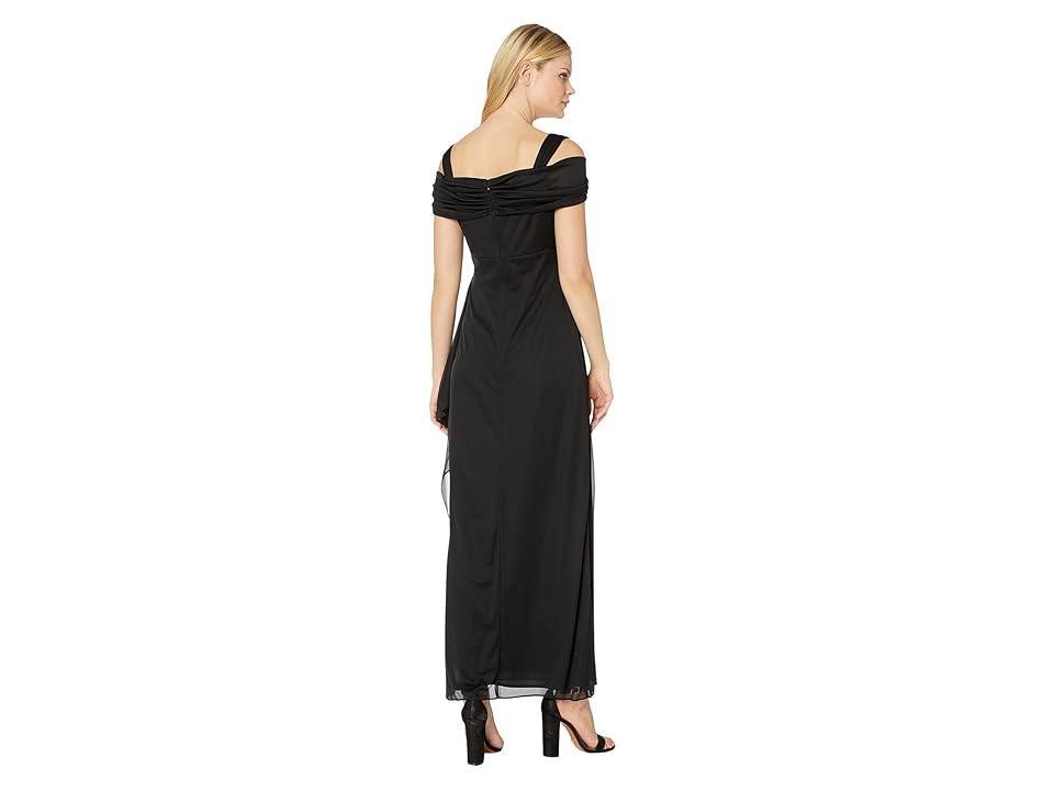 Alex Evenings Exposed Shoulder Draped Neck Cap Sleeve Ruched Waterfall Hem Mesh Gown Product Image