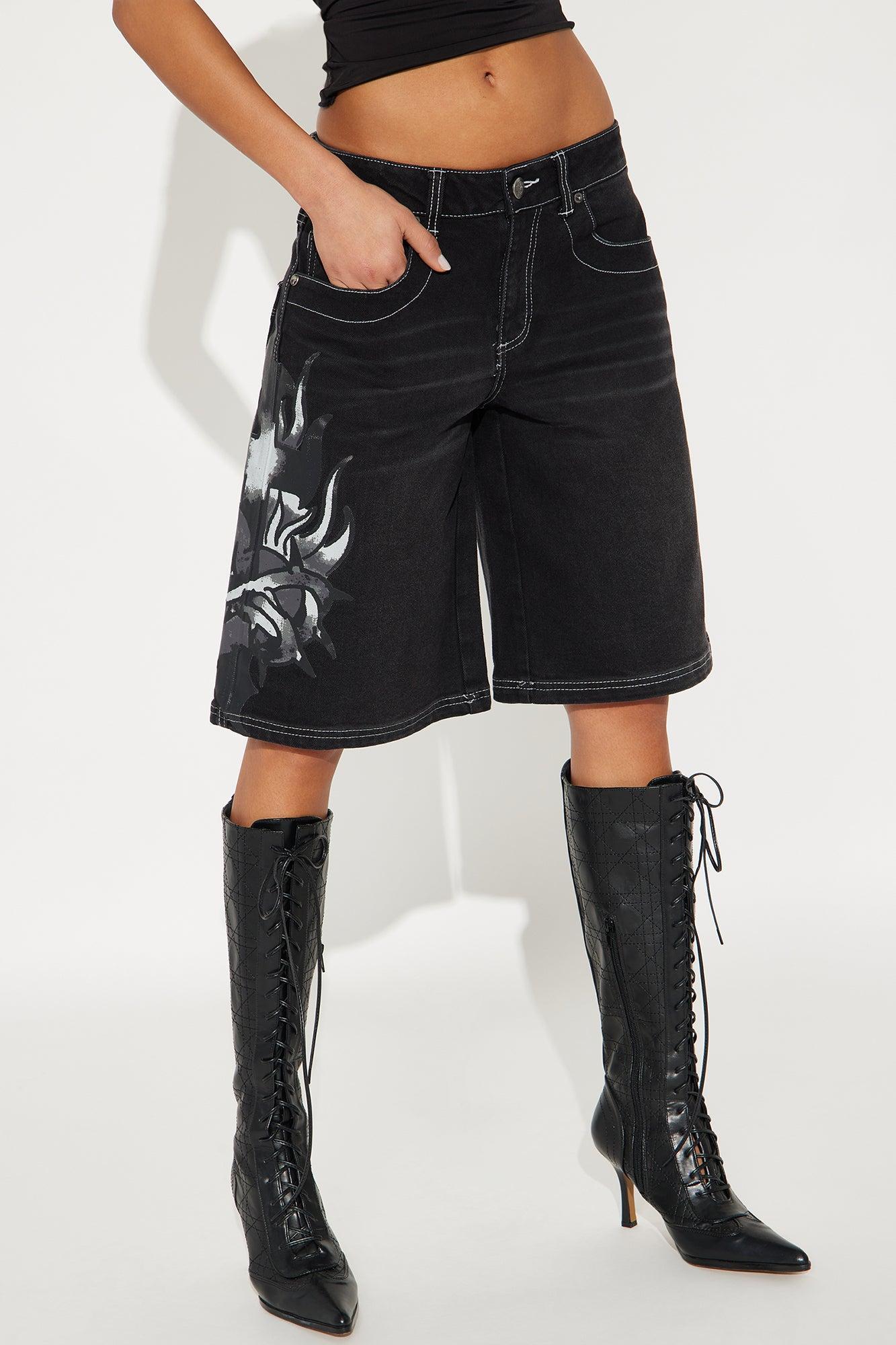Ed Hardy Sacred Heart Baggy Denim Jorts - Black Product Image
