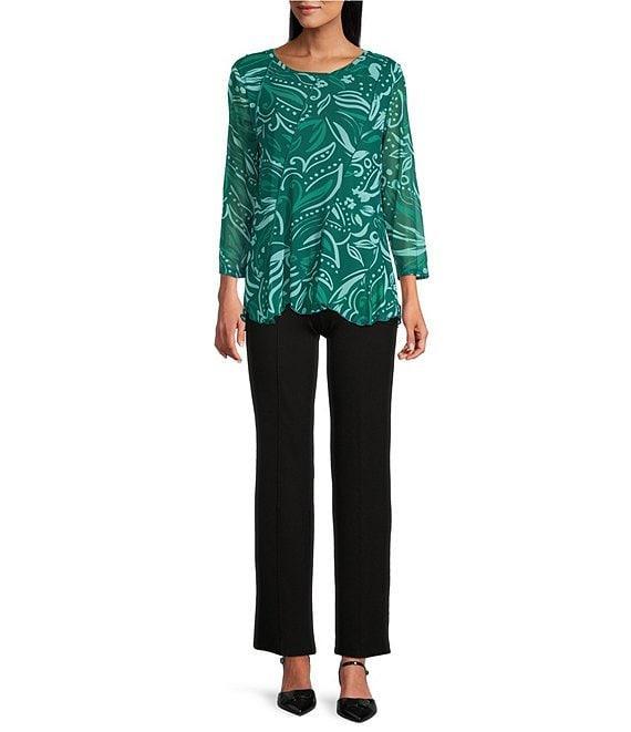 Slim Factor by Investments Paisley Print Crew Neck Long Sleeve Ruffled Hem Lined Top Product Image