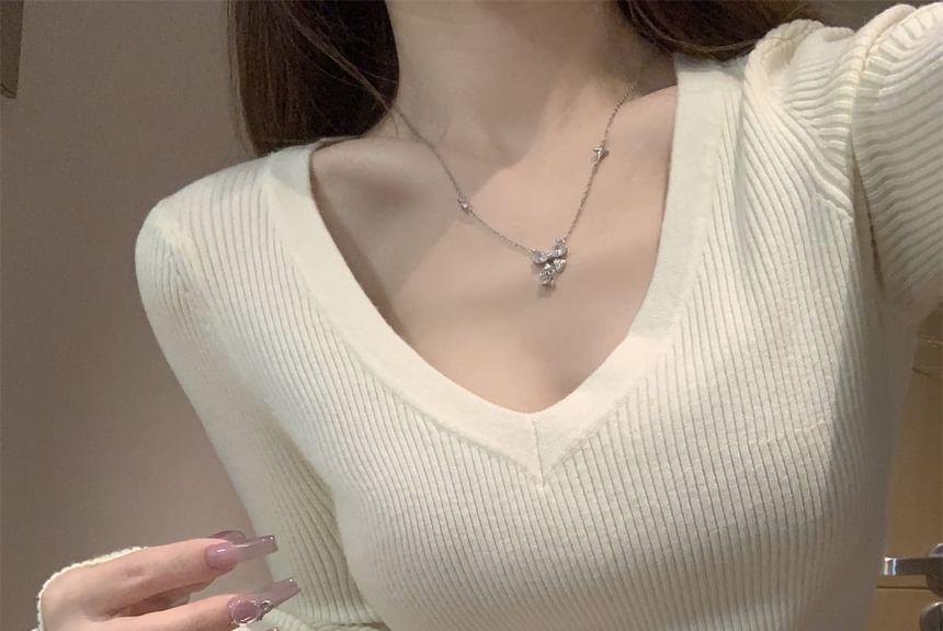 Long-Sleeve V-Neck Plain Ribbed Slim Fit Knit Top Product Image